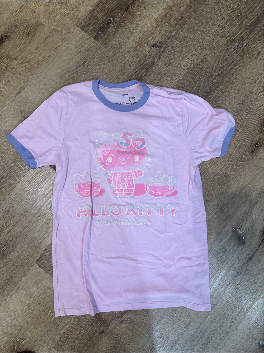 Hello Kitty Pink Tee with Lavender Trim - 50th Anniversary Graphic